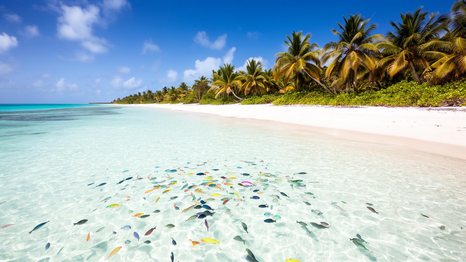 Crystal clear Bahamas beach with colorful tropical fish in shallow turquoise water