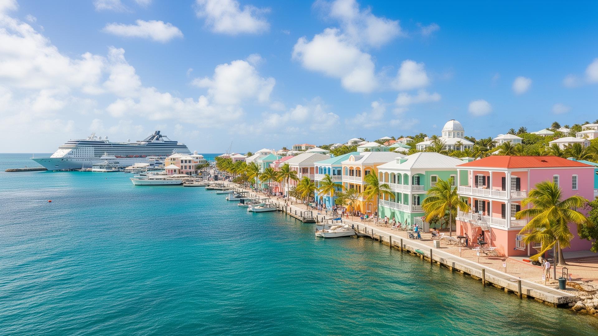 Colorful colonial waterfront buildings in Nassau Bahamas with cruise ship at port