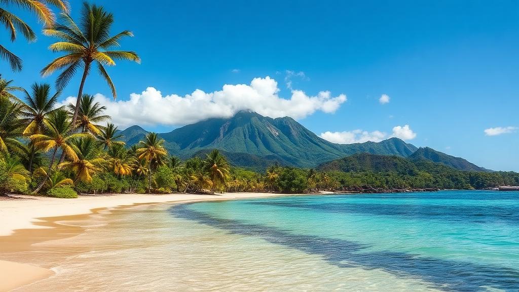 Central America tropical beach with palm trees and mountains