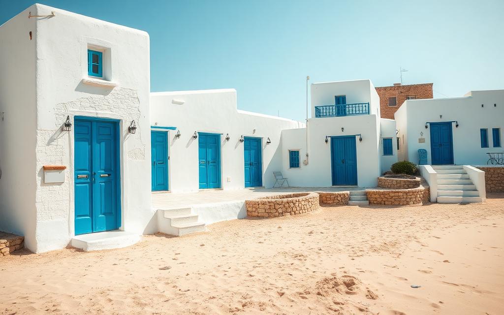 Naxos Greece beach at sunrise with white Cycladic houses
