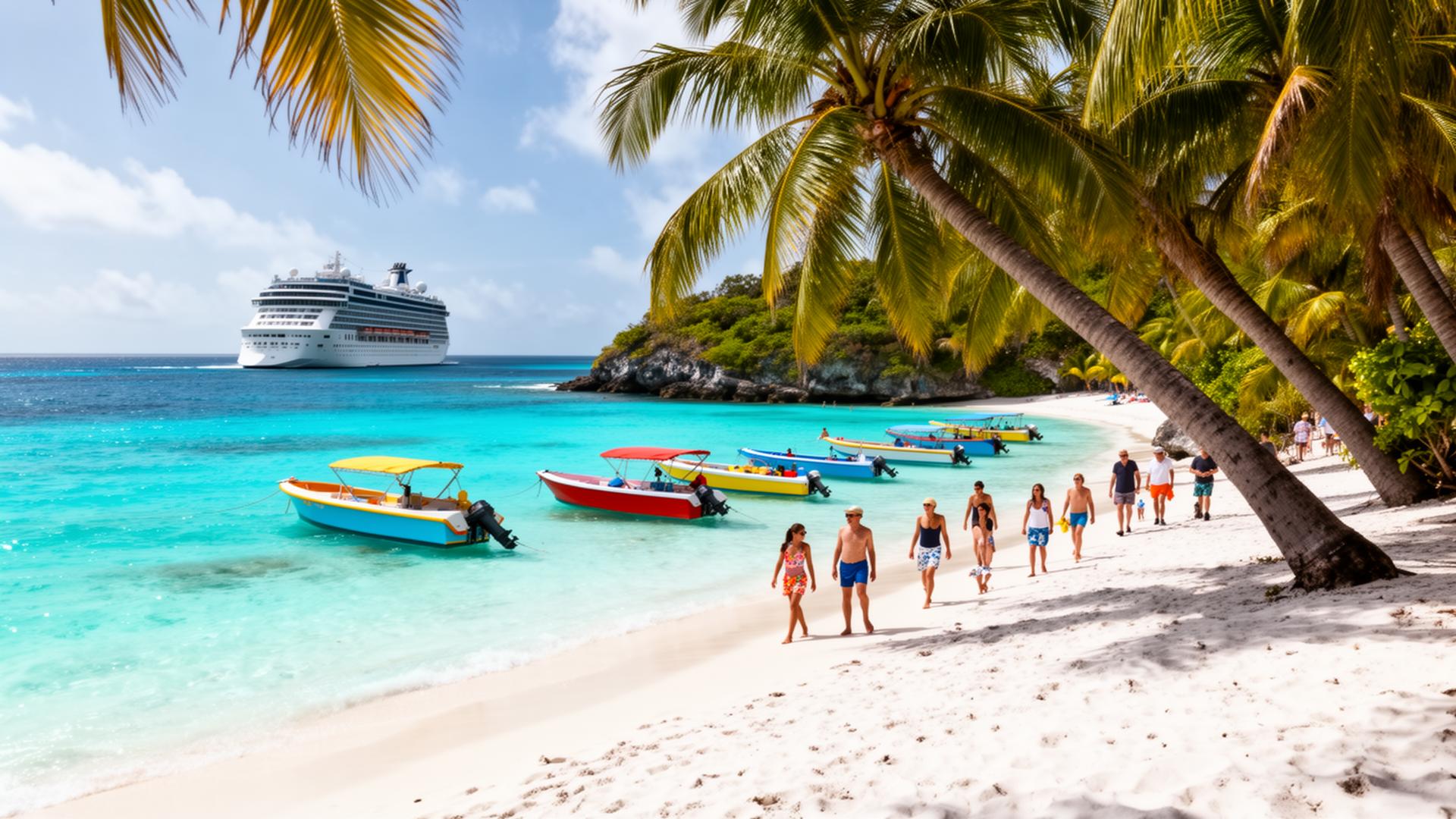 Turquoise Caribbean beach cove with palm trees and colorful boats near a cruise port