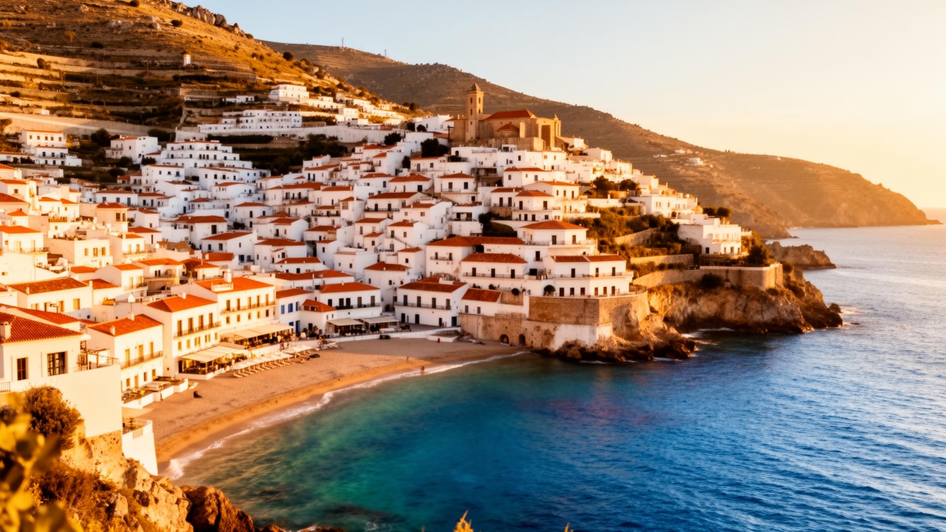 Mediterranean coastal town with white and terracotta buildings cascading to blue sea