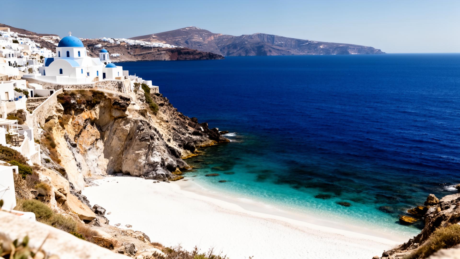Greek island beach with deep blue Aegean sea, white cliffs, and blue-domed church