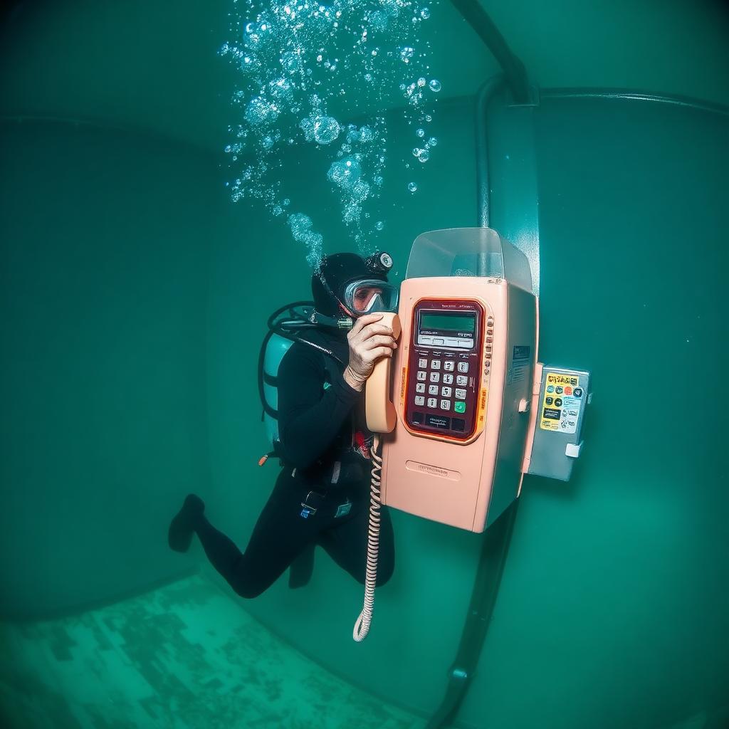 A diver picks up the underwater payphone, one of many interactive set pieces throughout the facility