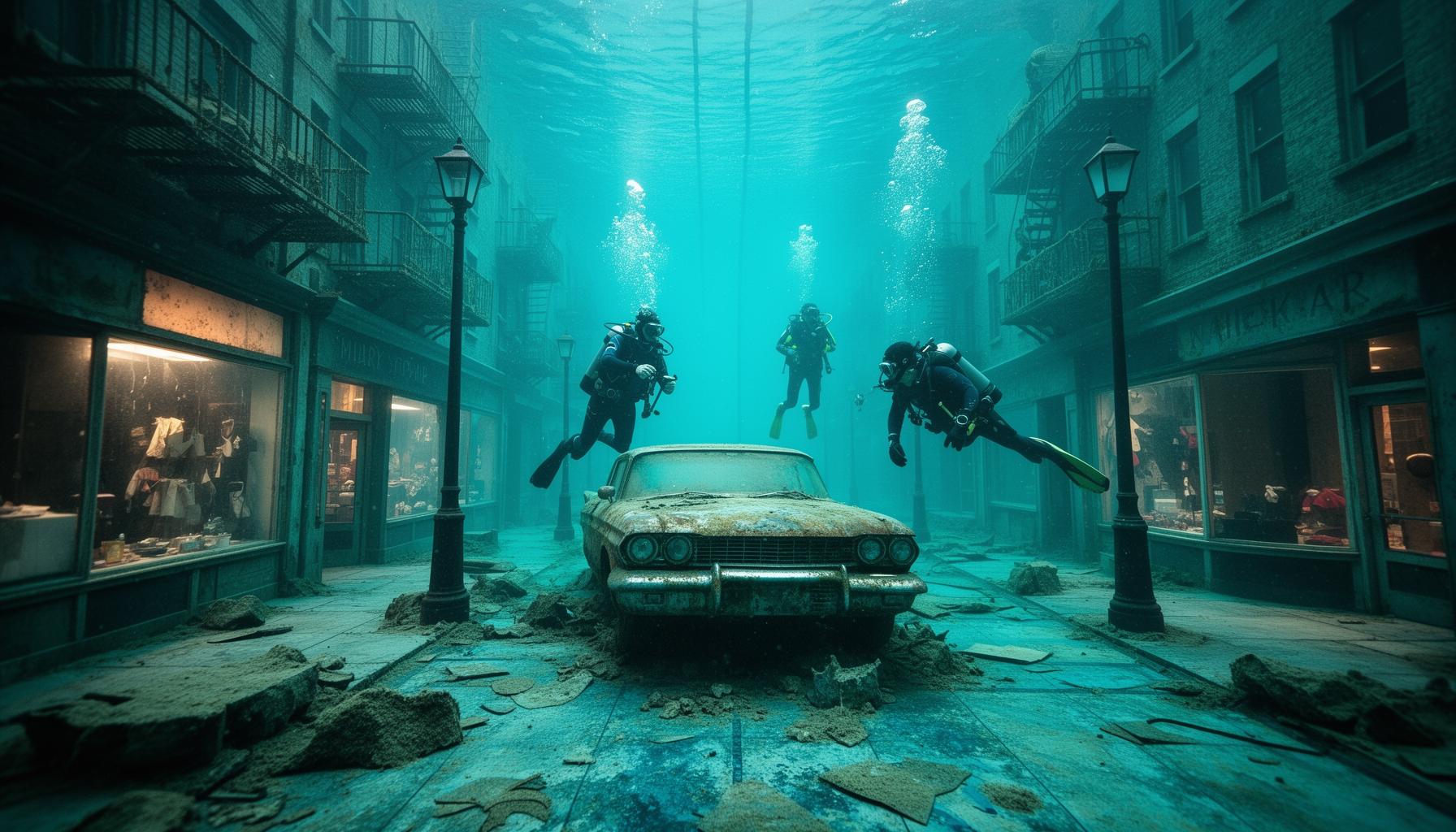 Divers explore the surreal sunken city at Deep Dive Dubai, complete with abandoned vehicles and storefronts