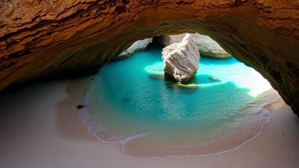 Secret beach cove through cliff passage