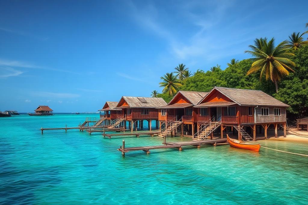 Remote traditional village on stilts over turquoise water