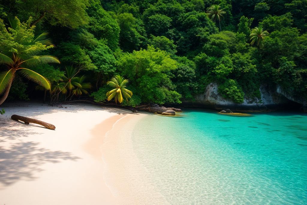 Hidden pristine beach cove surrounded by lush tropical jungle