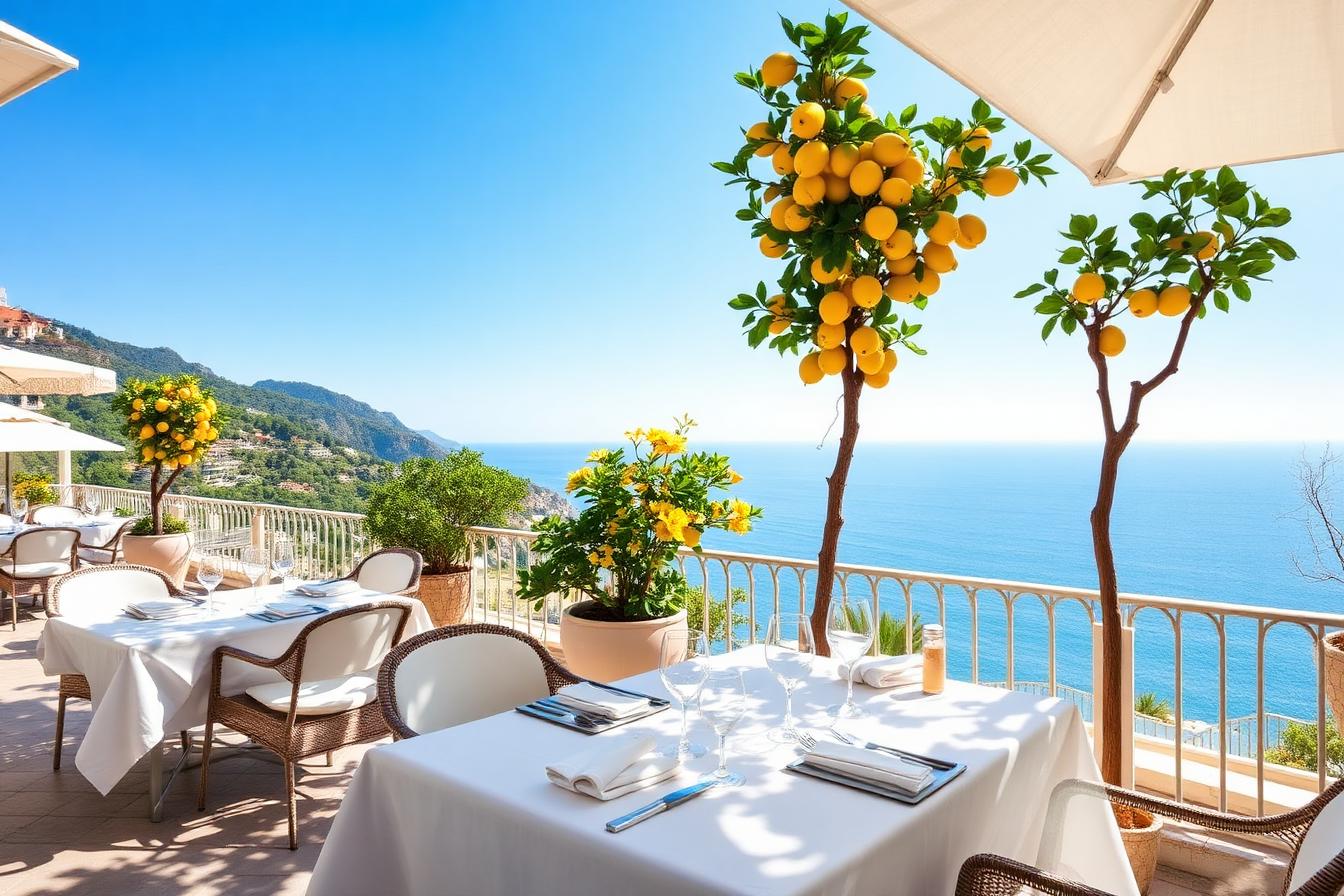 Italian coastal dining terrace with lemon trees overlooking the Amalfi Coast