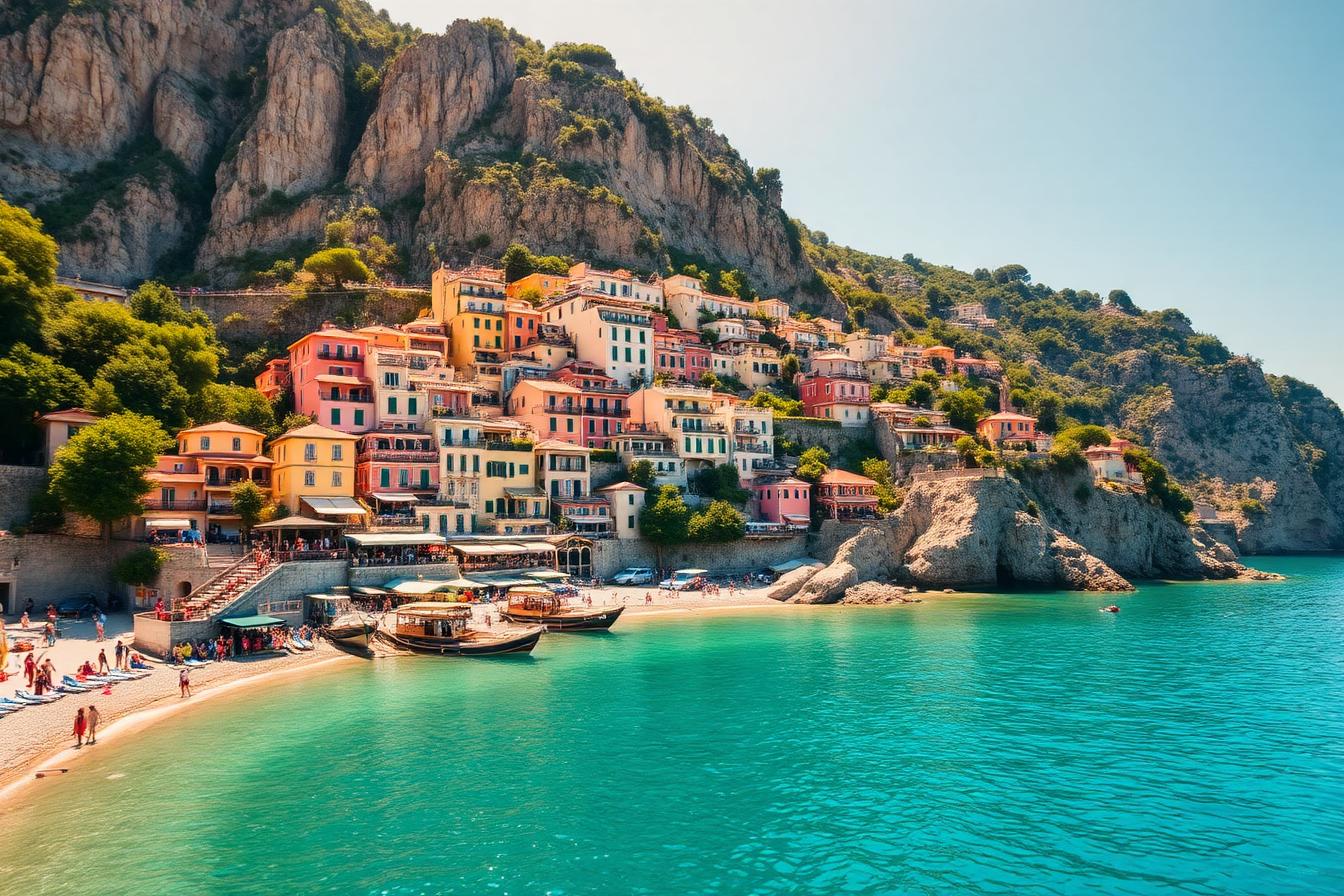 Colorful Amalfi Coast village with cliffside buildings and turquoise Mediterranean water