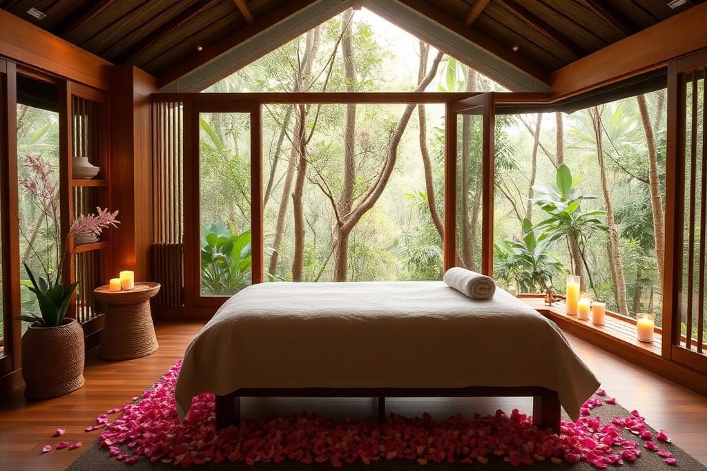 Tropical spa treatment room with flower petals and jungle views