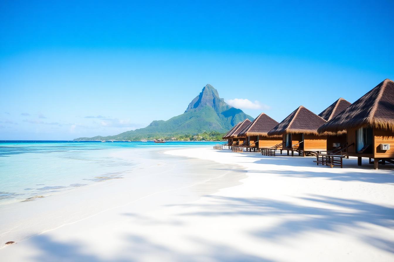 Luxury beachfront bungalows in Bora Bora with Mount Otemanu backdrop