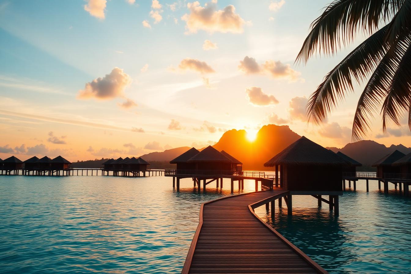 Overwater bungalows at dusk in Bora Bora lagoon