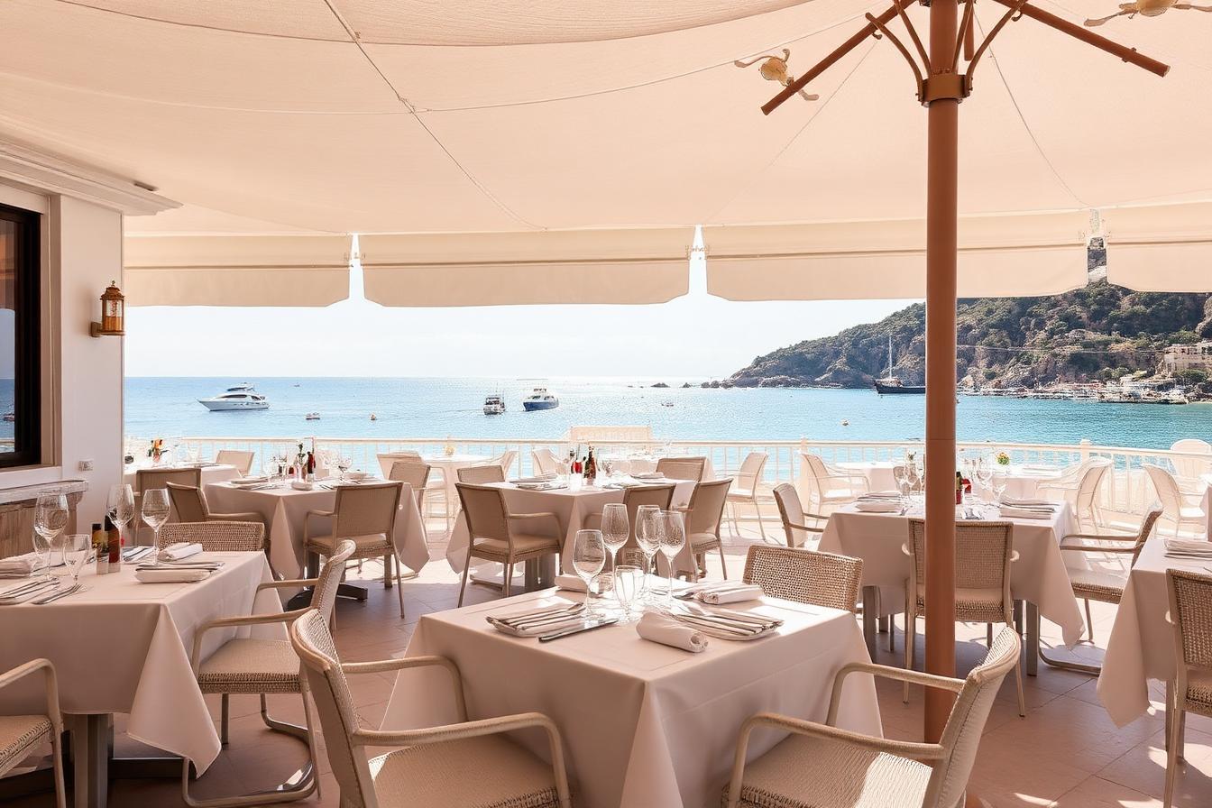 Elegant beachside restaurant on the French Riviera with Mediterranean view