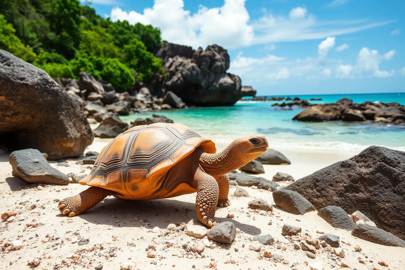 Giant tortoise on a tropical Seychelles beach with granite boulders