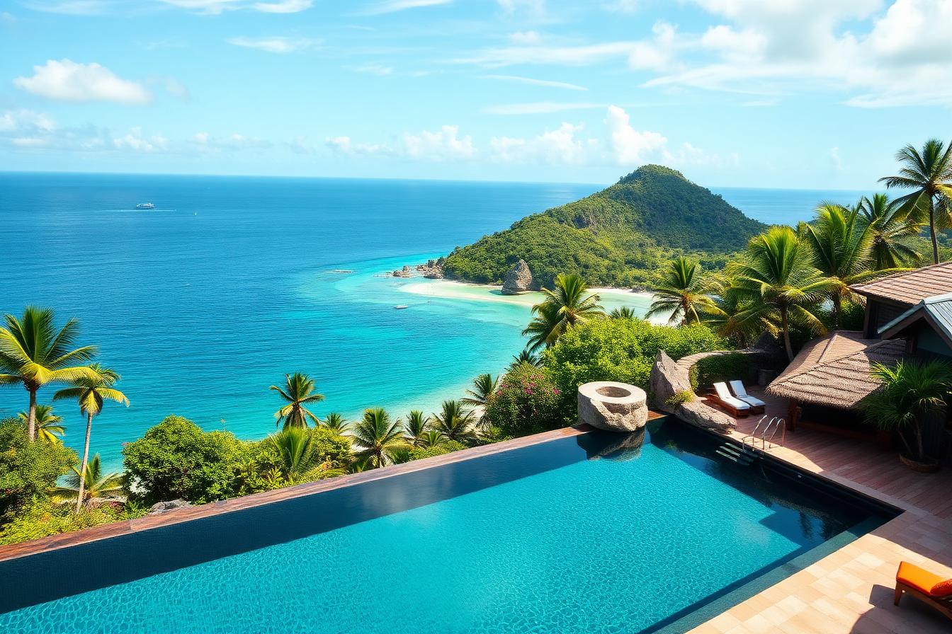 Luxury infinity pool overlooking Seychelles coastline with tropical vegetation