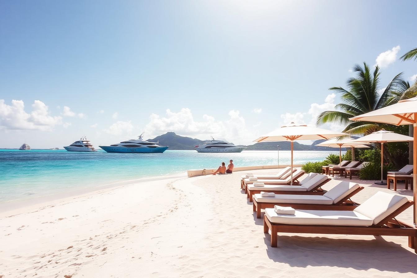 Luxury beach club in St. Barths with white sand and superyachts
