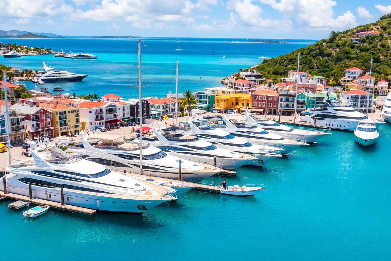 Gustavia harbor in St. Barths with luxury yachts and colorful buildings