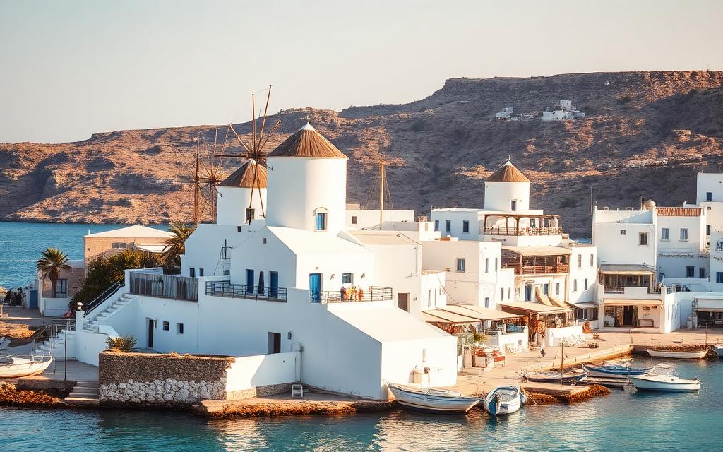 Mykonos iconic windmills and Little Venice waterfront