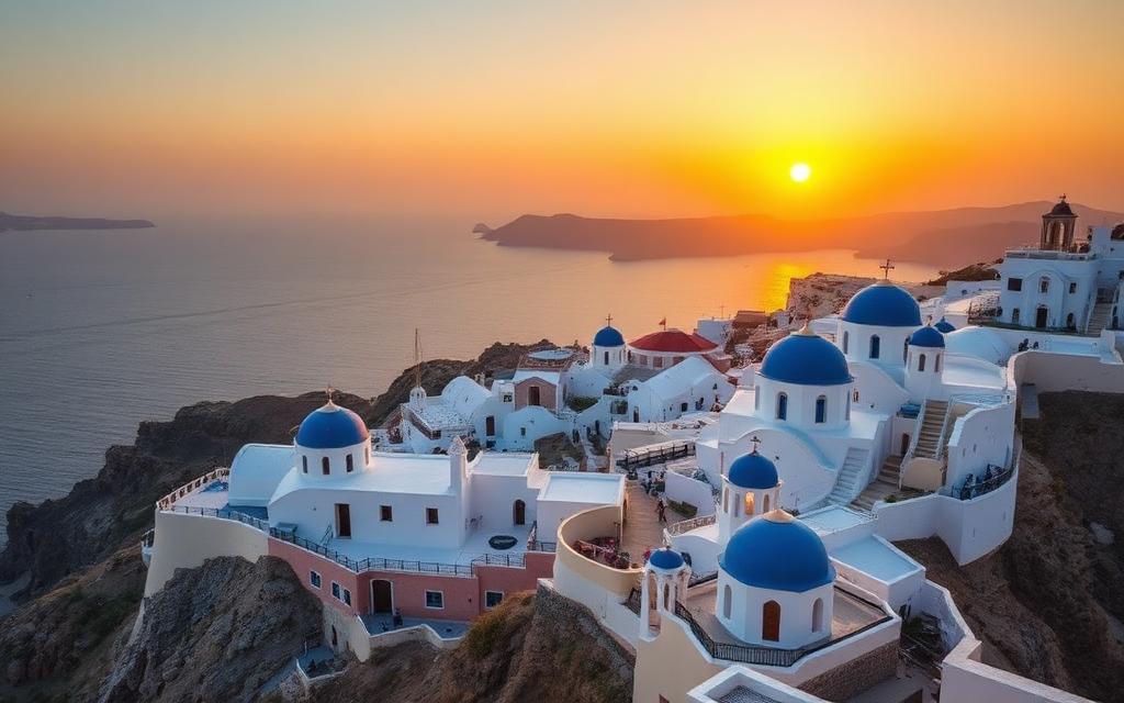Santorini caldera sunset view with white buildings and blue domes