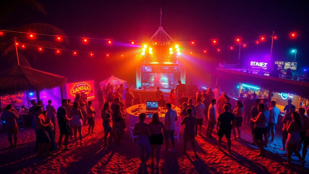 Beach party scene with DJ and crowd
