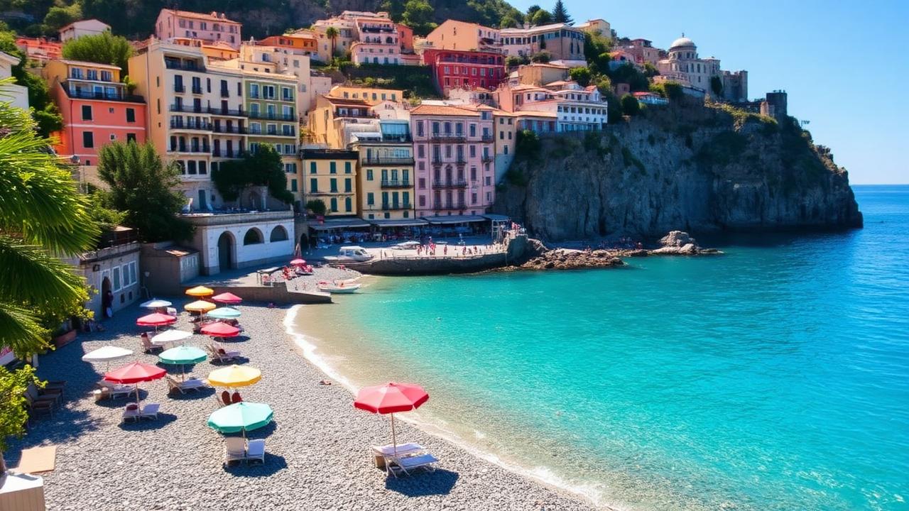 Positano beach cove on the Amalfi Coast with colorful buildings and turquoise water