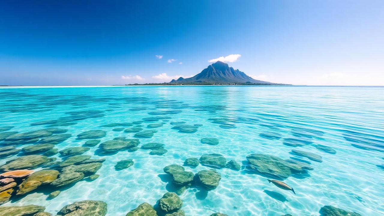 Crystal clear Bora Bora lagoon with coral formations and Mount Otemanu backdrop
