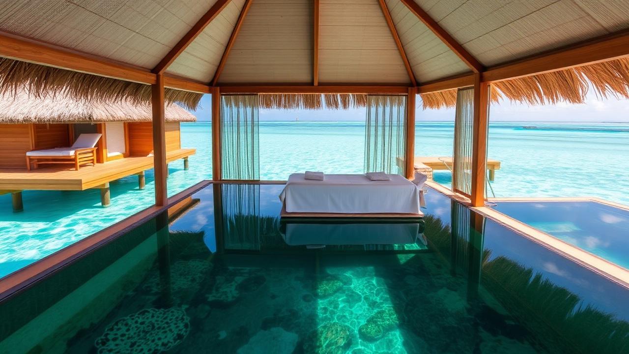 Luxury overwater spa treatment room in Bora Bora with glass floor and lagoon views