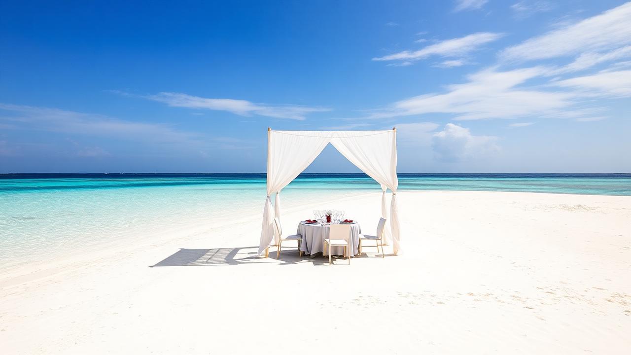 Private romantic dining setup on a Maldives sandbank surrounded by turquoise ocean