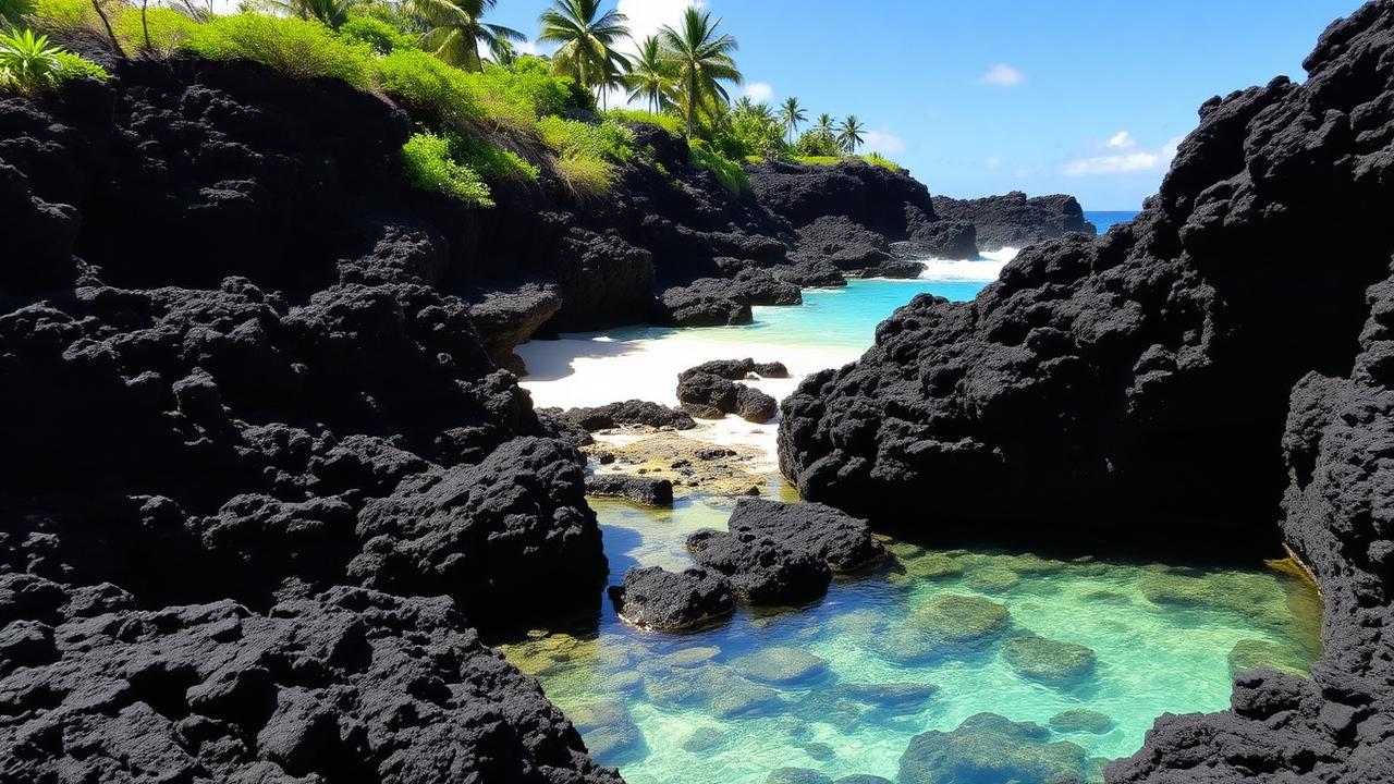 Secluded Maui cove with black lava rock and turquoise water on the Hana Coast