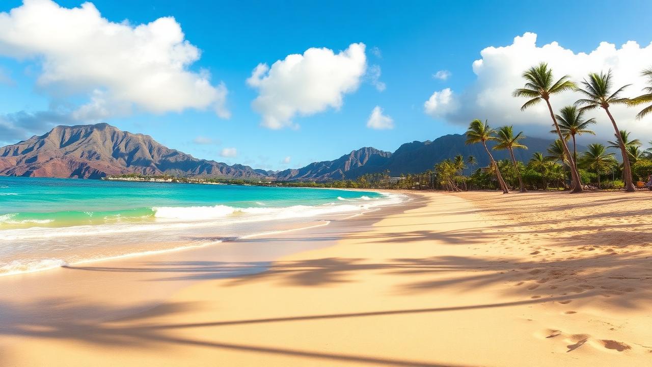 Ka'anapali Beach Maui with golden sand, turquoise water, and West Maui Mountains