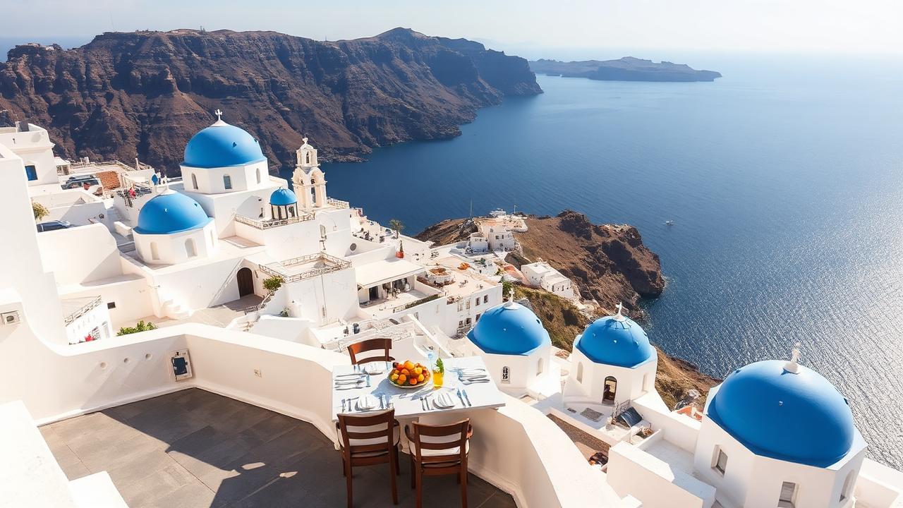 Romantic dining terrace overlooking Santorini caldera with blue domed churches