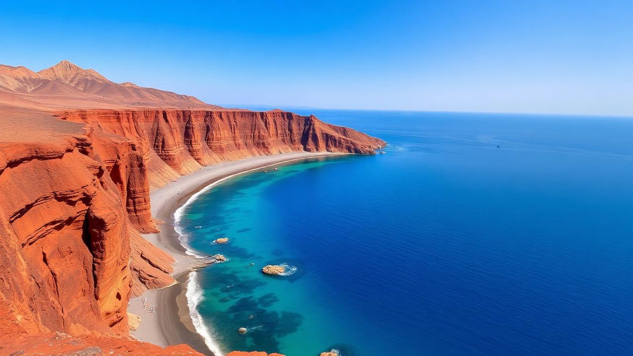 Santorini Red Beach with dramatic volcanic cliff formations and blue Aegean Sea