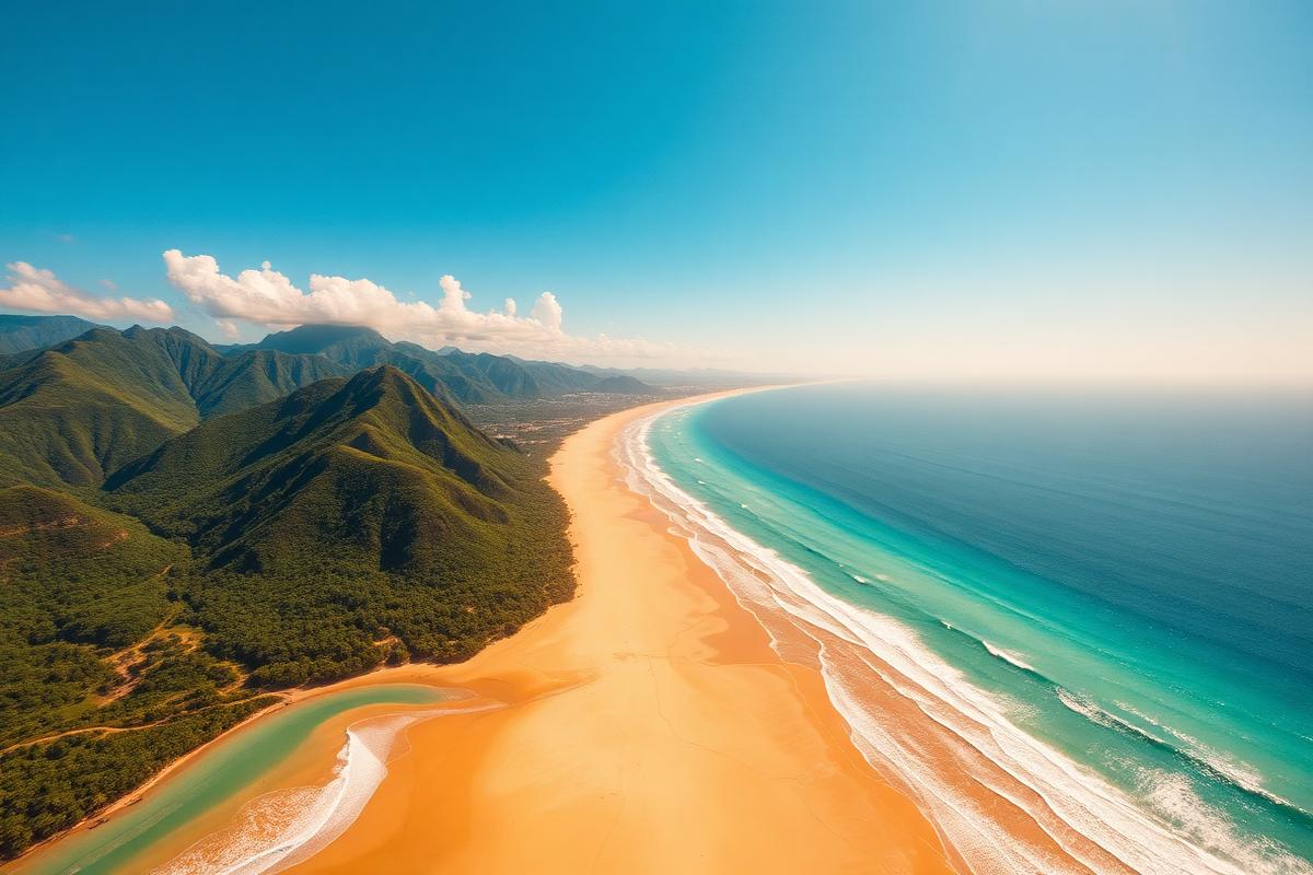 Aerial view of Brazil's dramatic coastline with turquoise waters and green mountains