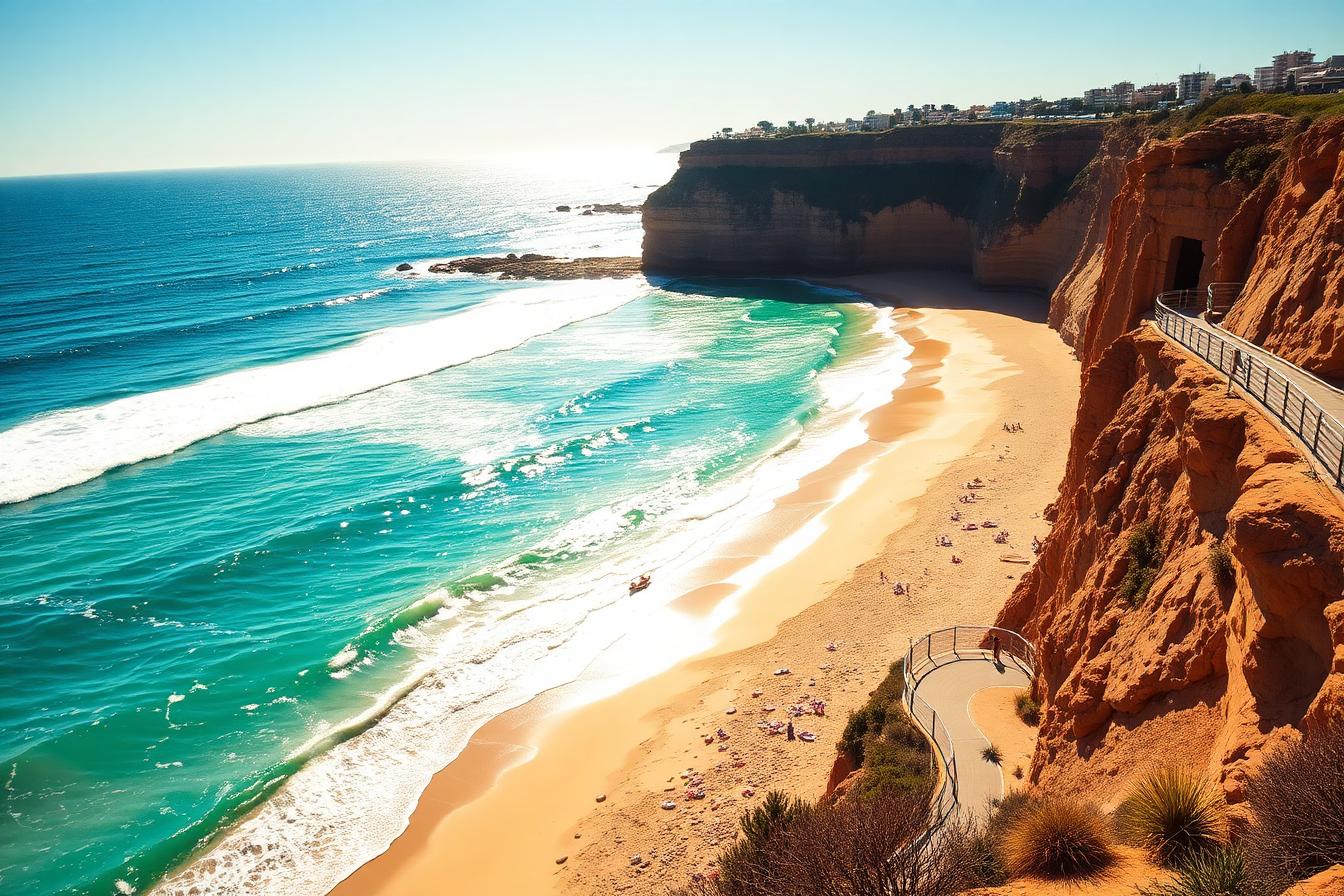 Australian coastal beach with golden sand, turquoise surf, and coastal walking path