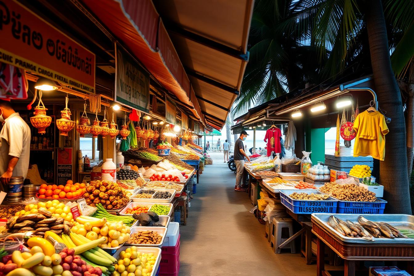 Colorful Thai beach market with fresh food and tropical atmosphere