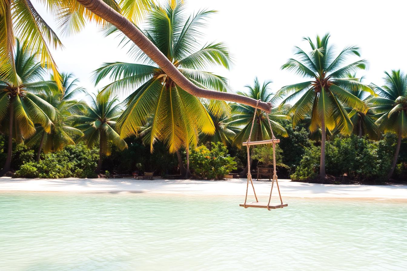 Peaceful Thai beach with palm trees and swing over turquoise water