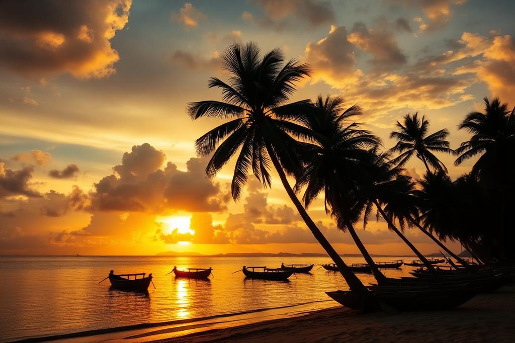 Tropical sunset over calm ocean with palm trees in Southeast Asia
