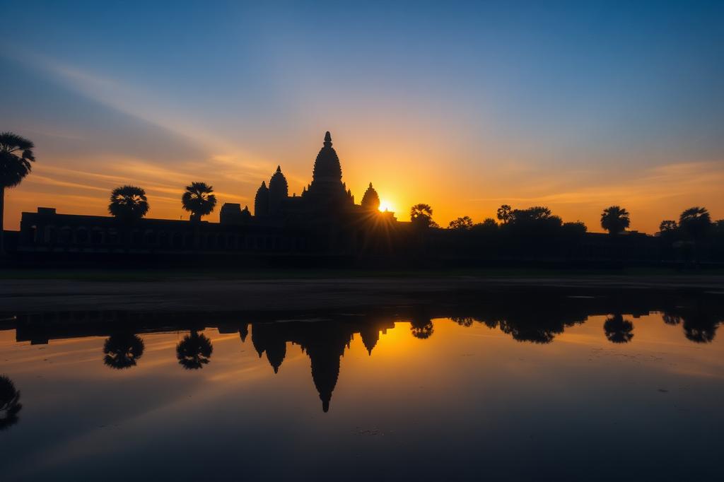 Angkor Wat temple silhouette at sunrise reflected in water
