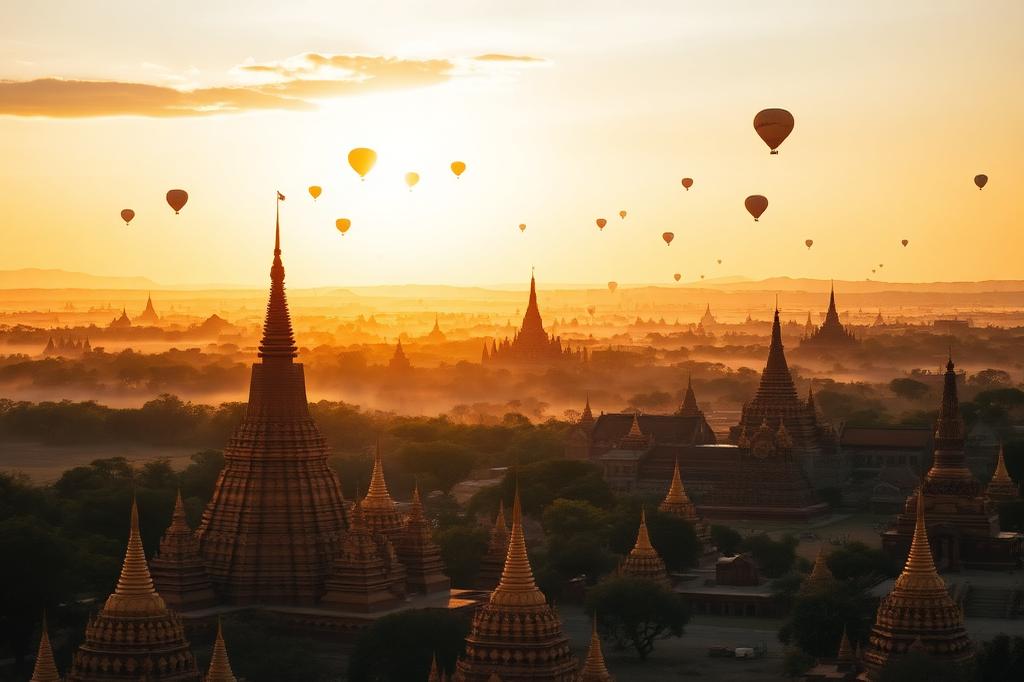 Golden pagodas of Bagan at sunset with hot air balloons