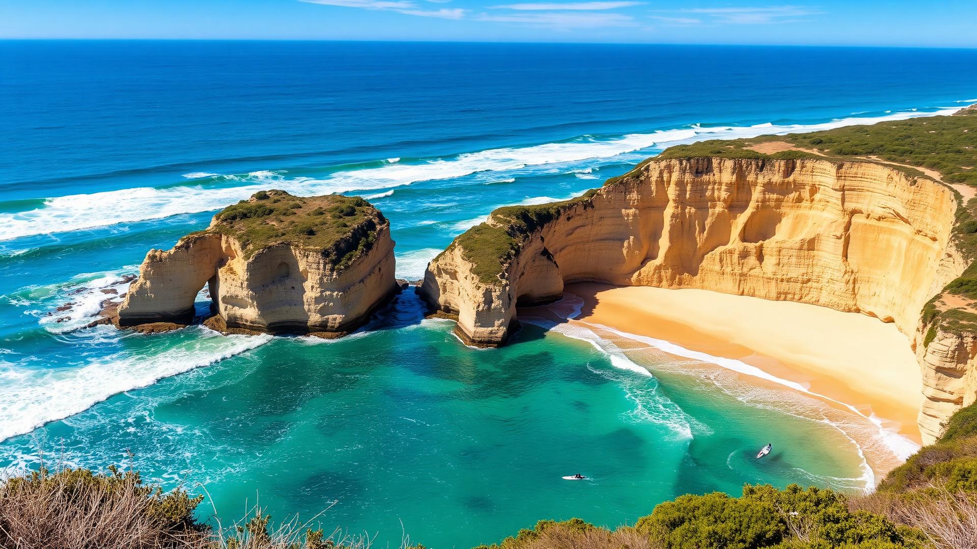 Bells Beach Victoria Australia with rugged cliffs and surf waves in the Southern Ocean