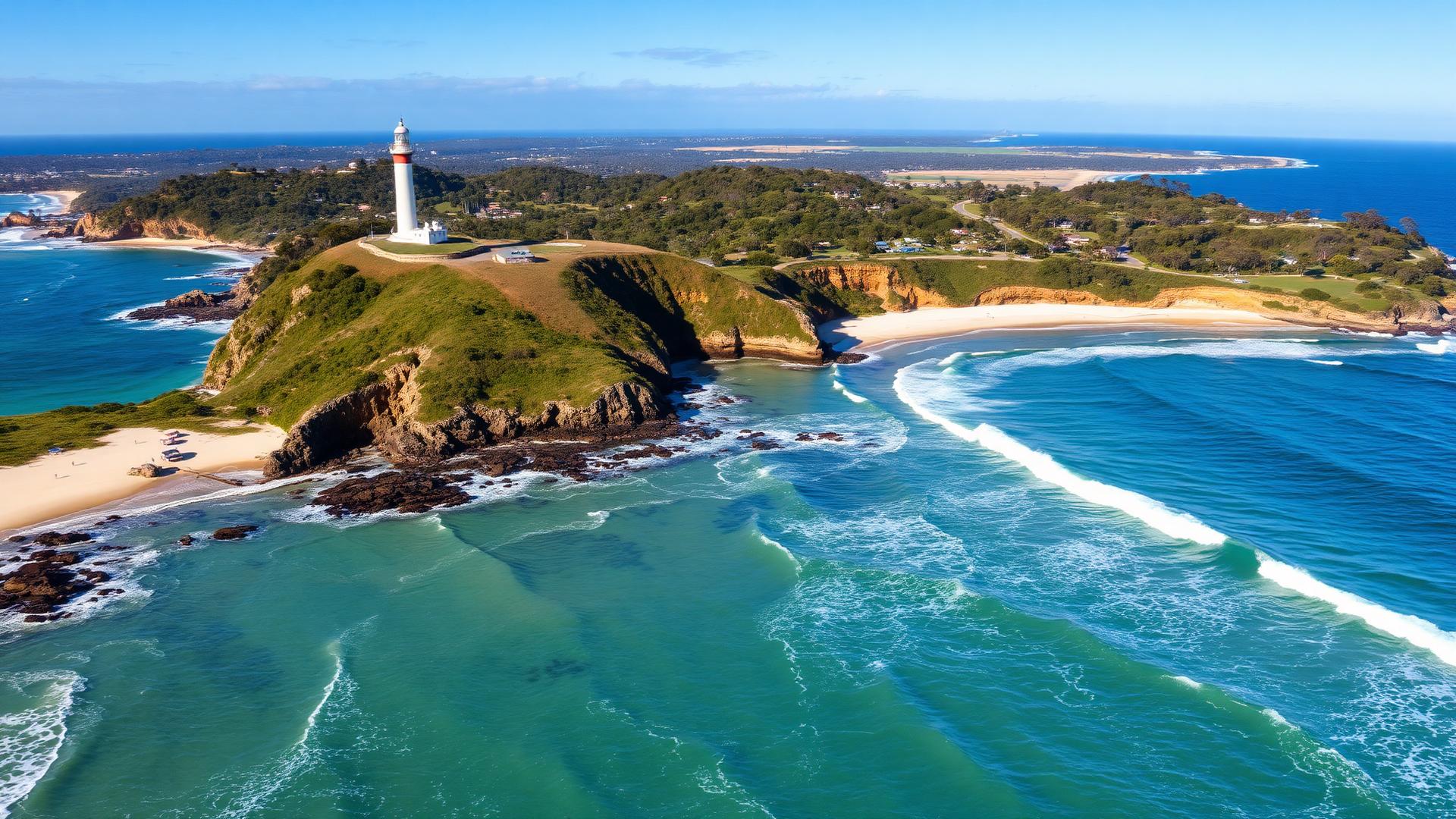 Byron Bay Australia coastline with lighthouse on headland and surf waves