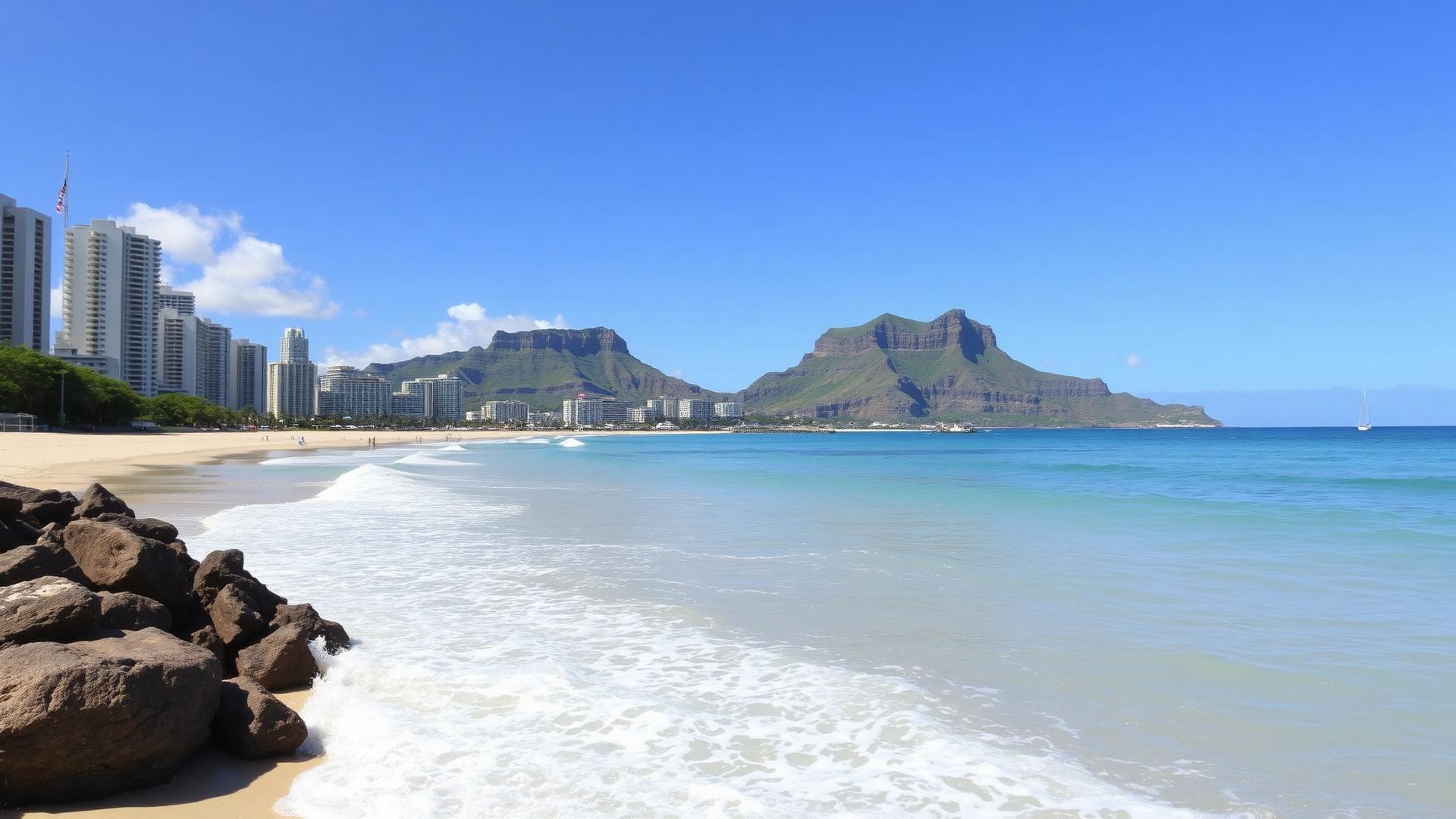 Waikiki Beach Honolulu Hawaii with Diamond Head and gentle surf waves
