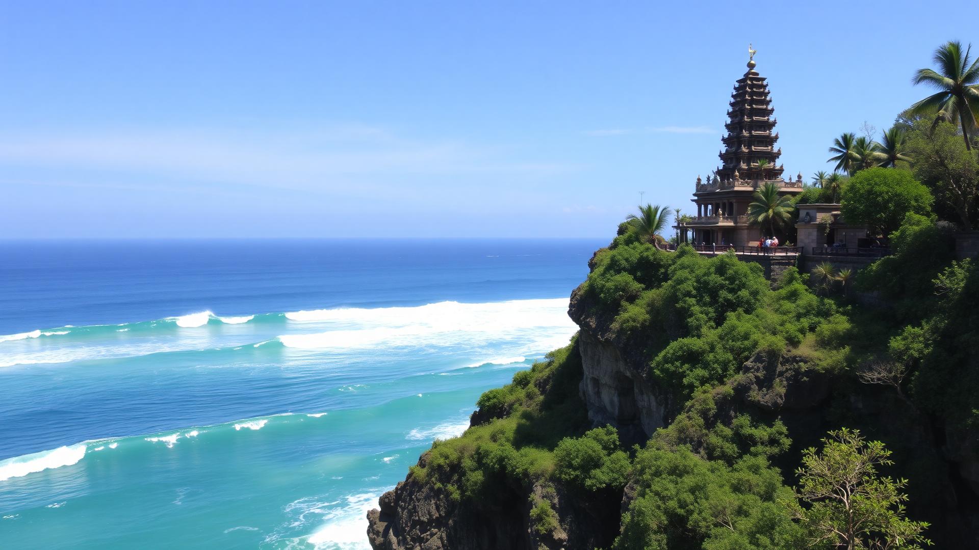 Uluwatu Bali Indonesia cliff temple overlooking surf break with turquoise ocean