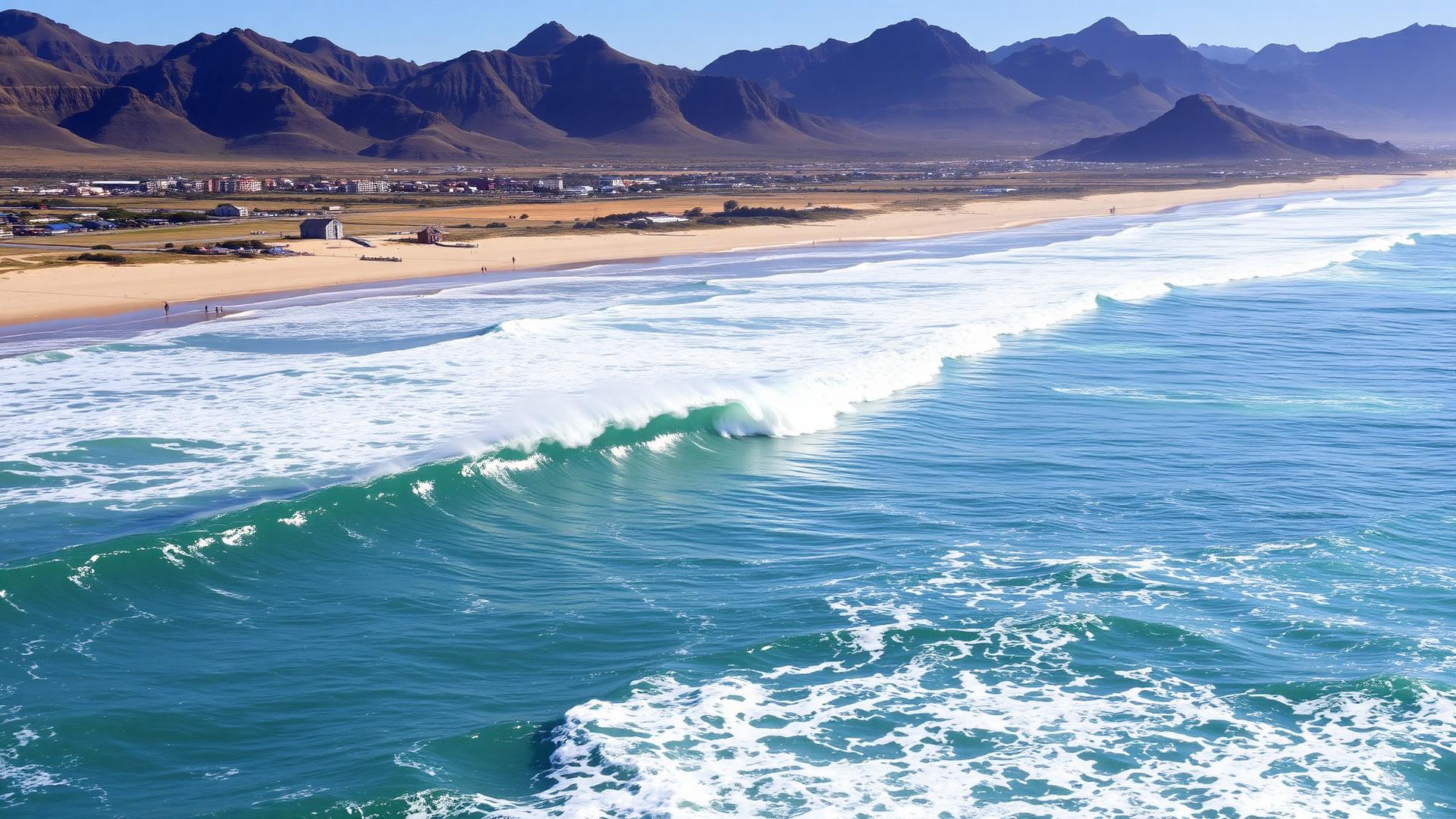 Jeffreys Bay South Africa with long perfect right-hand point break wave and mountains