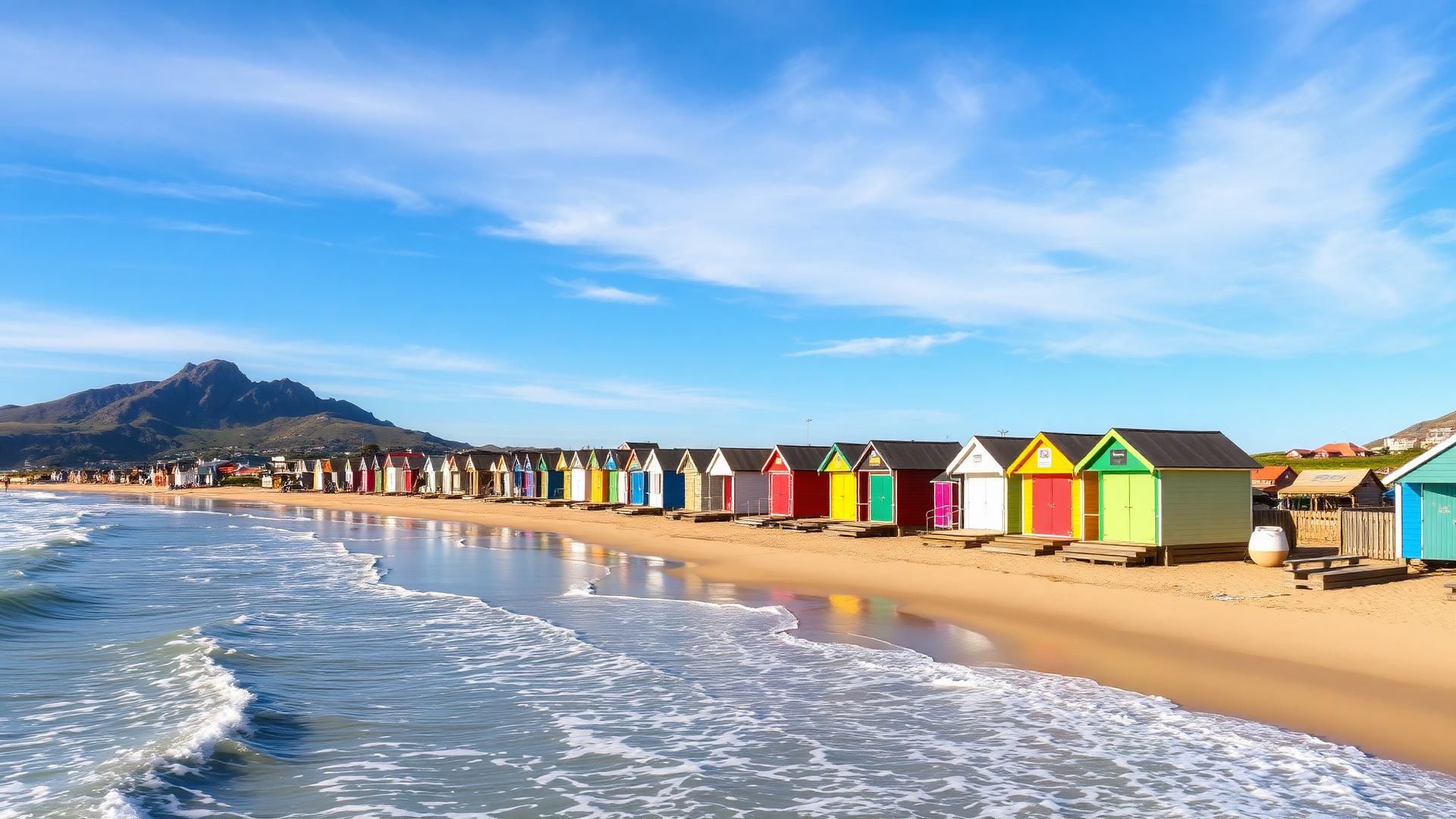 Muizenberg Beach Cape Town South Africa with colorful beach huts and gentle waves