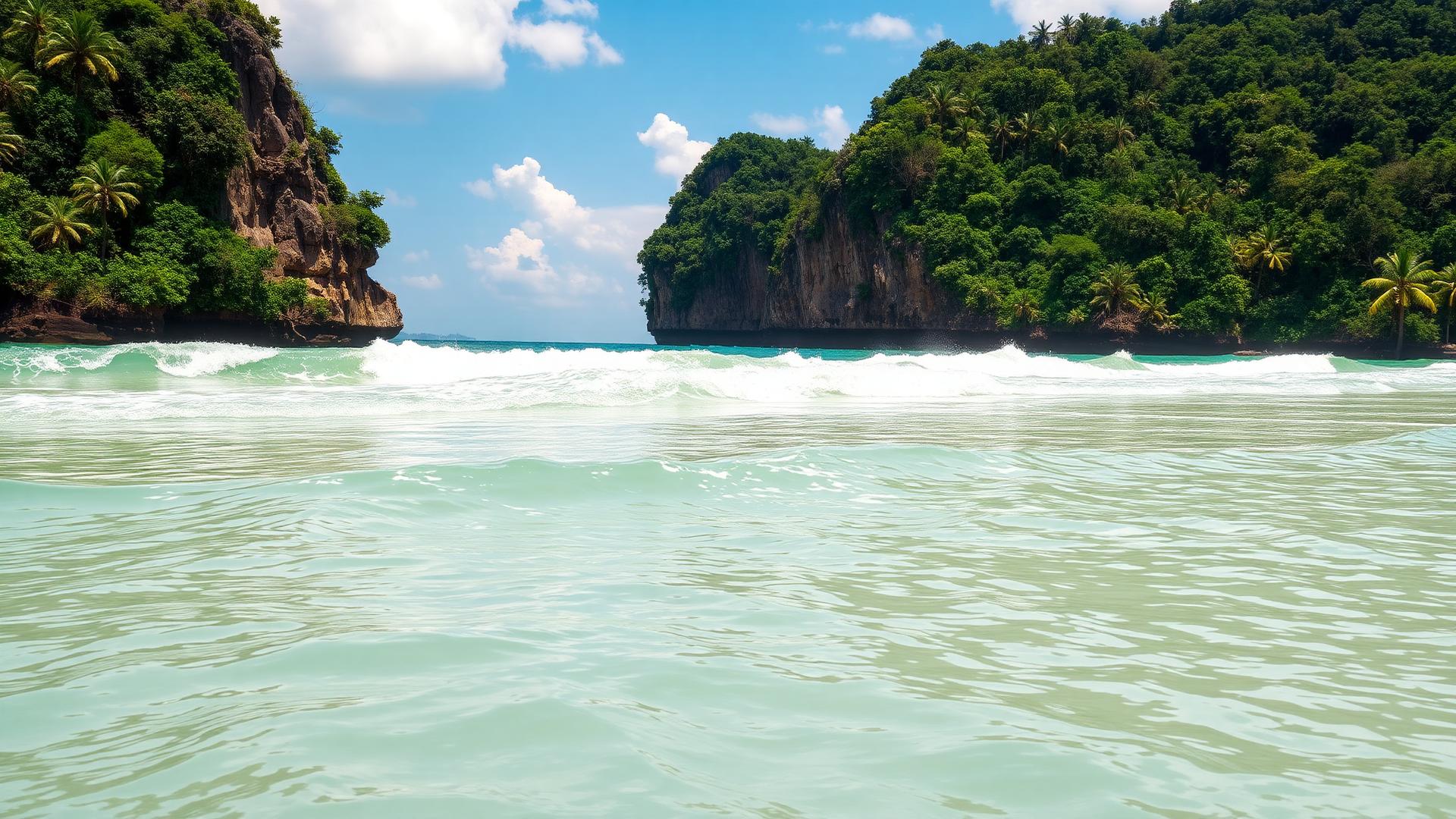 Khao Lak beach Thailand with monsoon waves and tropical limestone coastline